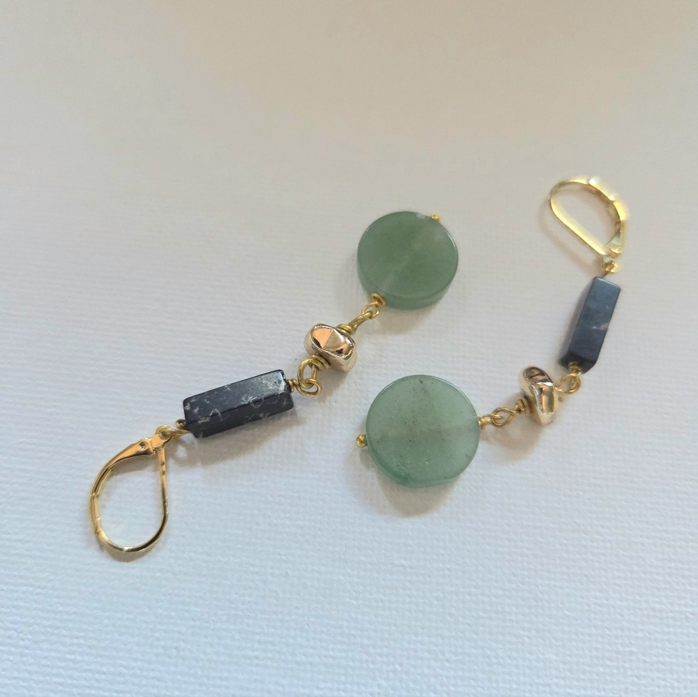 16k Gold Plated Jade Hematite Dangle Earrings